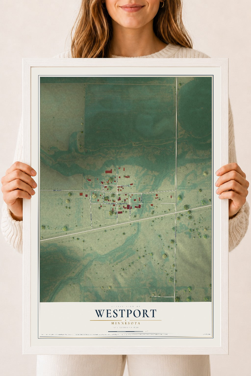 Map of Westport, Minnesota, 18 x 24 inch print in a white wood frame