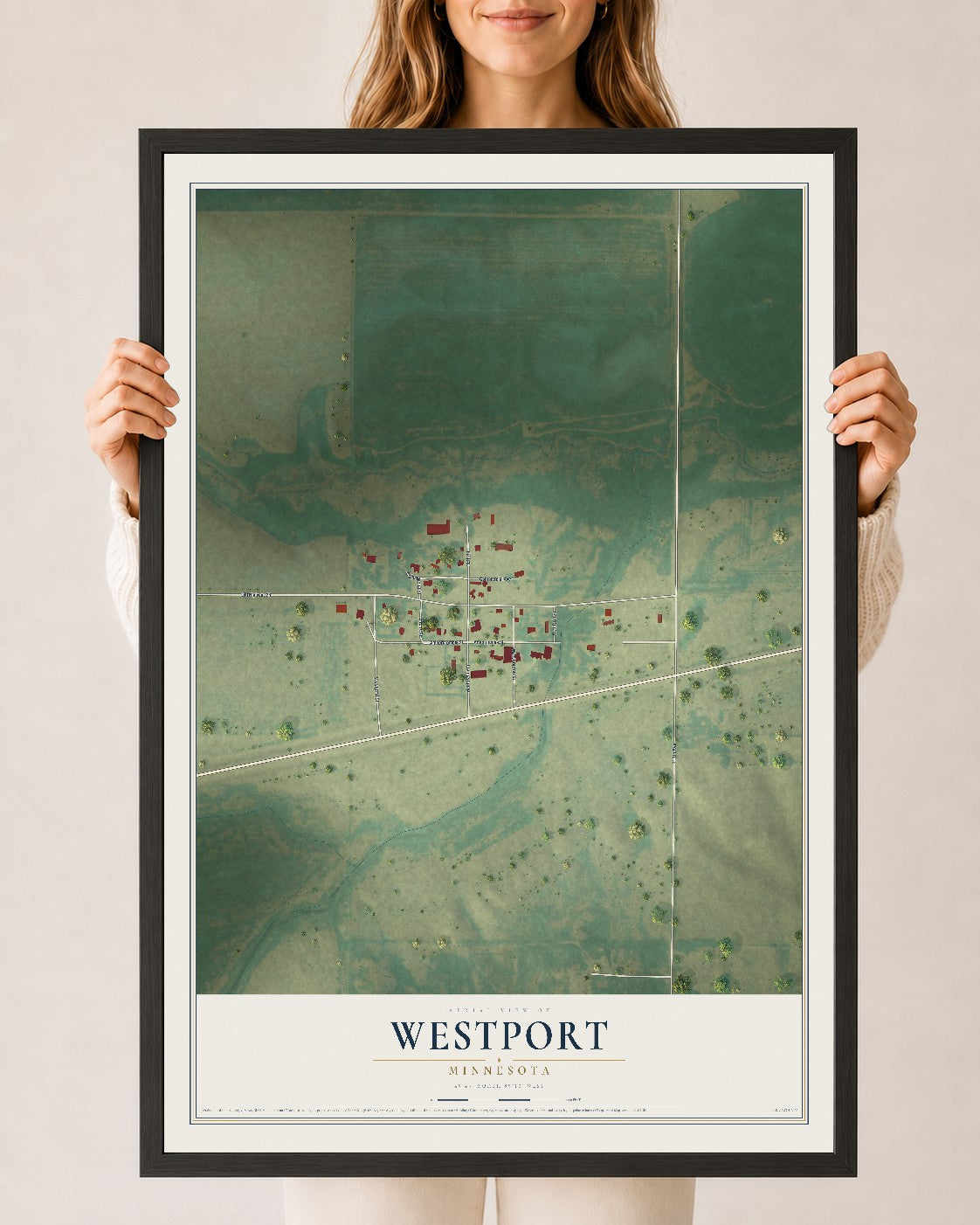 Map of Westport, Minnesota, 24 x 36 inch print in a black wood frame