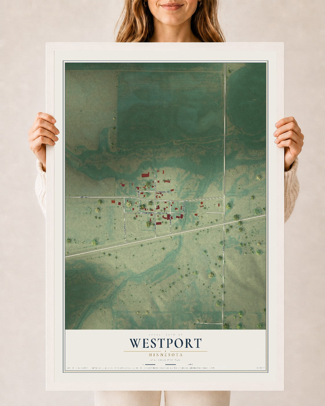 Map of Westport, Minnesota, 24 x 36 inch print in a white wood frame