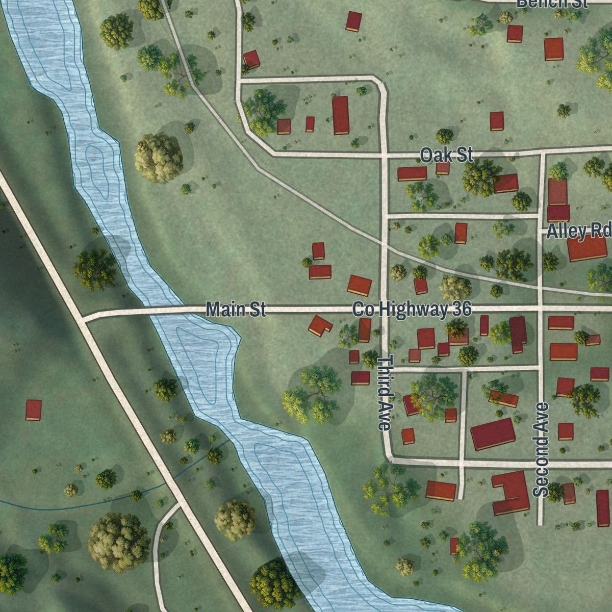 Close-up of the map of Whalan, Minnesota print showing street and building detail