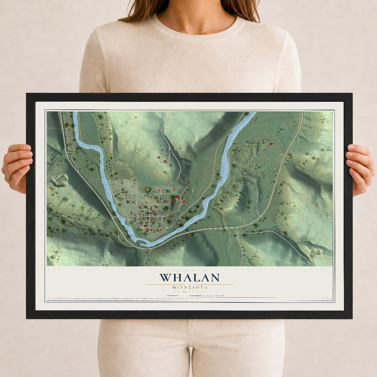 Map of Whalan, Minnesota, 12 x 18 inch print in a black wood frame