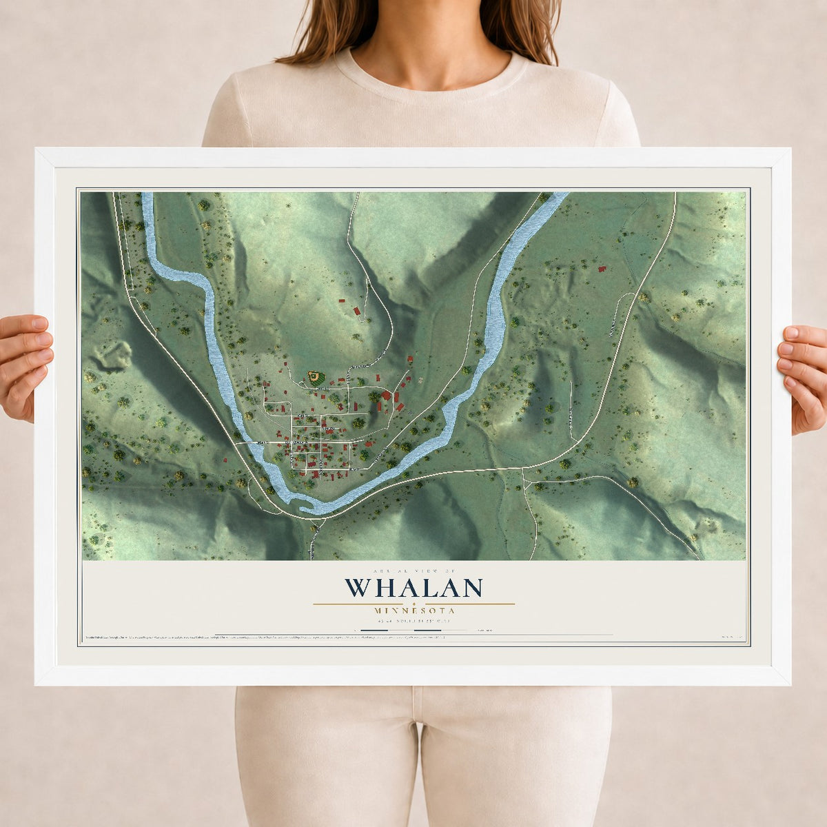 Map of Whalan, Minnesota, 18 x 24 inch print in a white wood frame