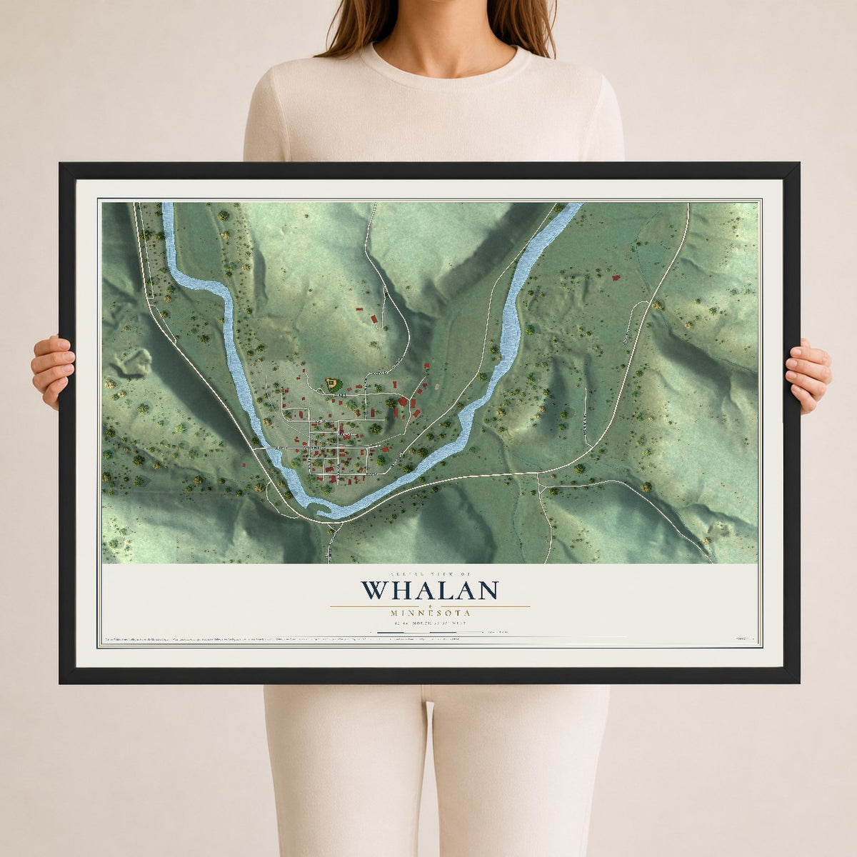 Map of Whalan, Minnesota, 24 x 36 inch print in a black wood frame