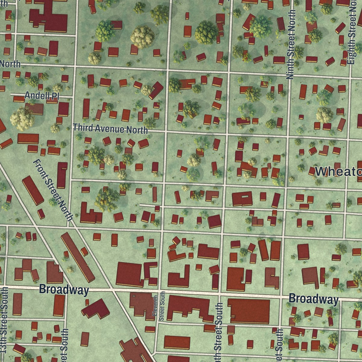 Close-up of the map of Wheaton, Minnesota print showing street and building detail
