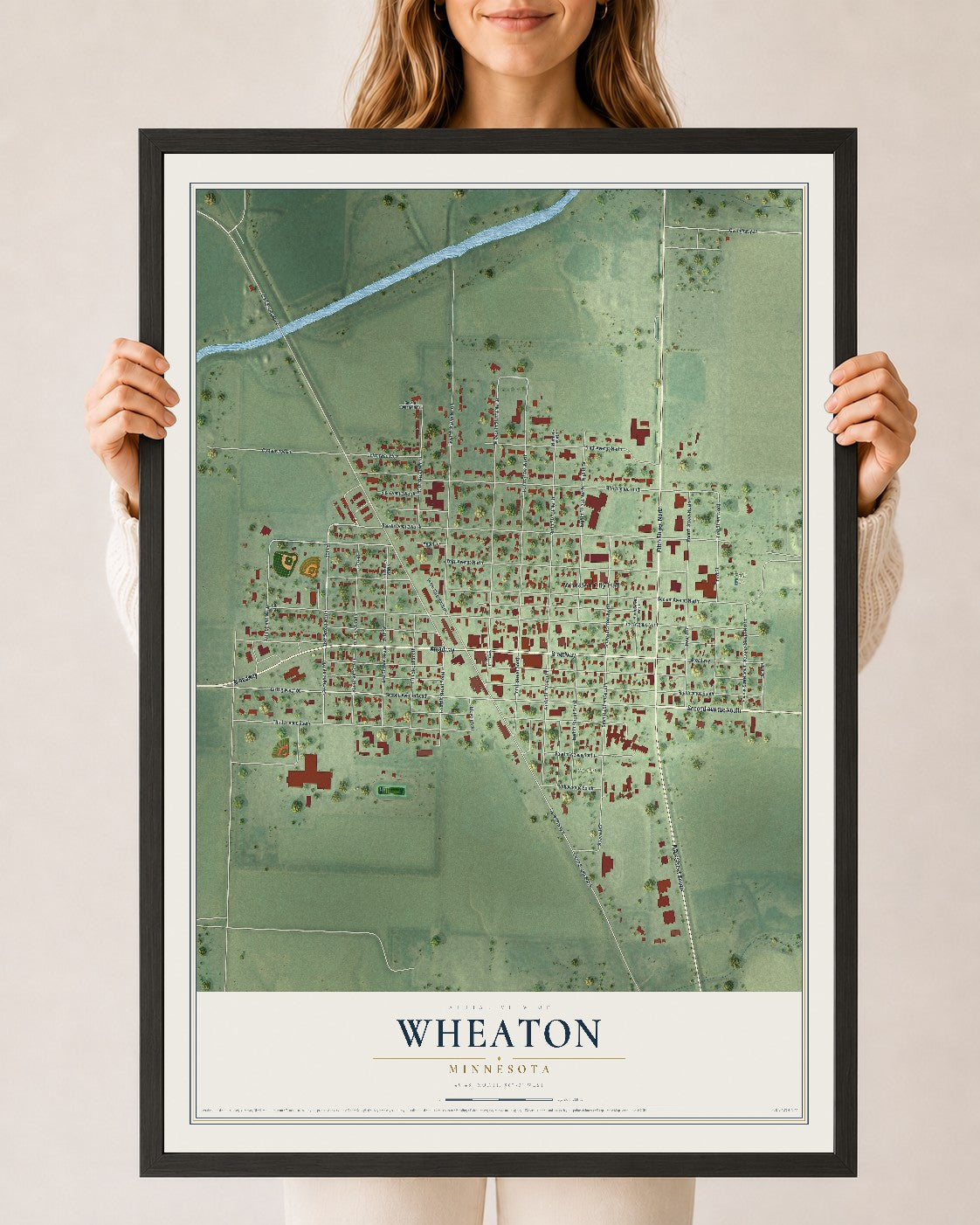 Map of Wheaton, Minnesota, 24 x 36 inch print in a black wood frame