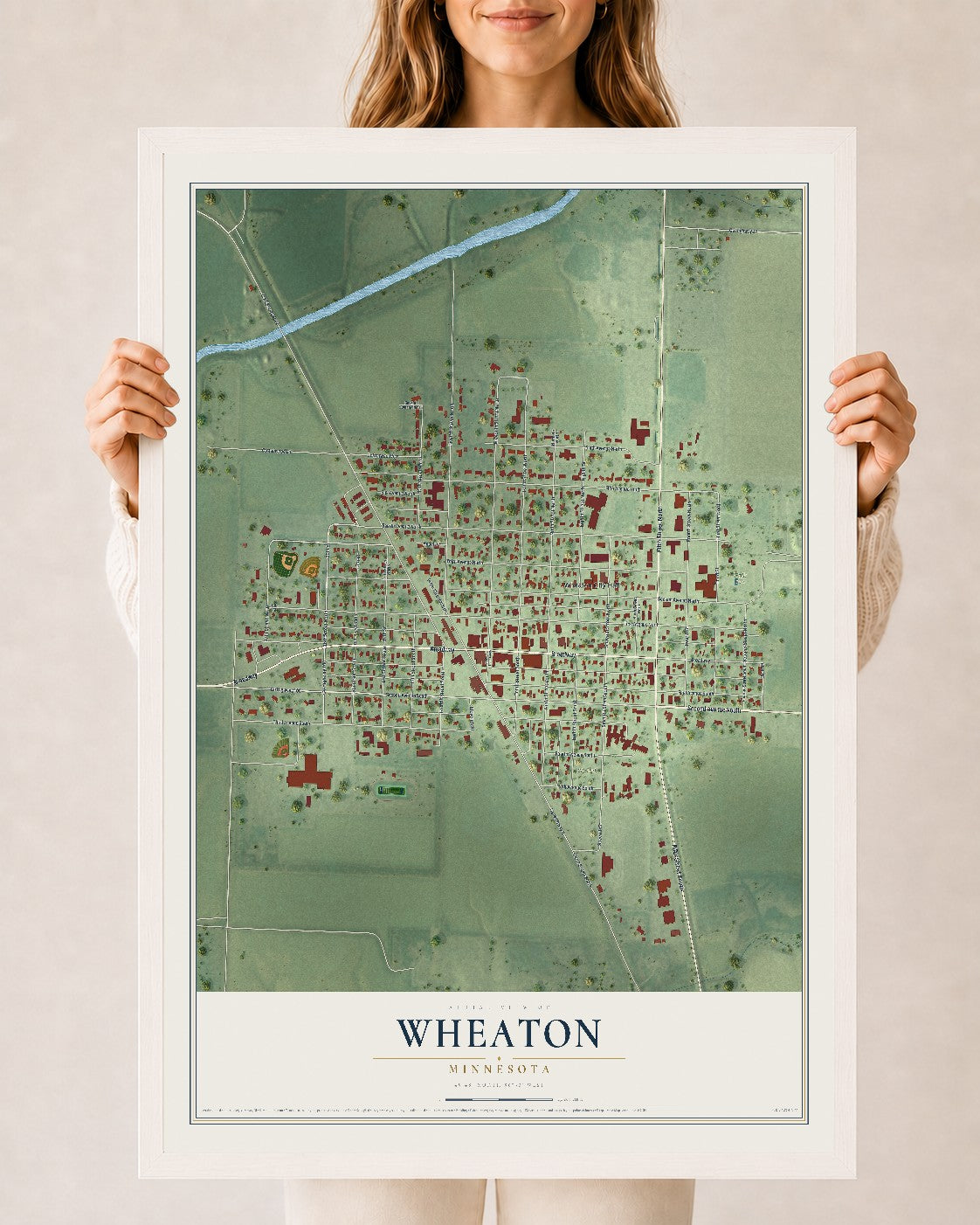 Map of Wheaton, Minnesota, 24 x 36 inch print in a white wood frame