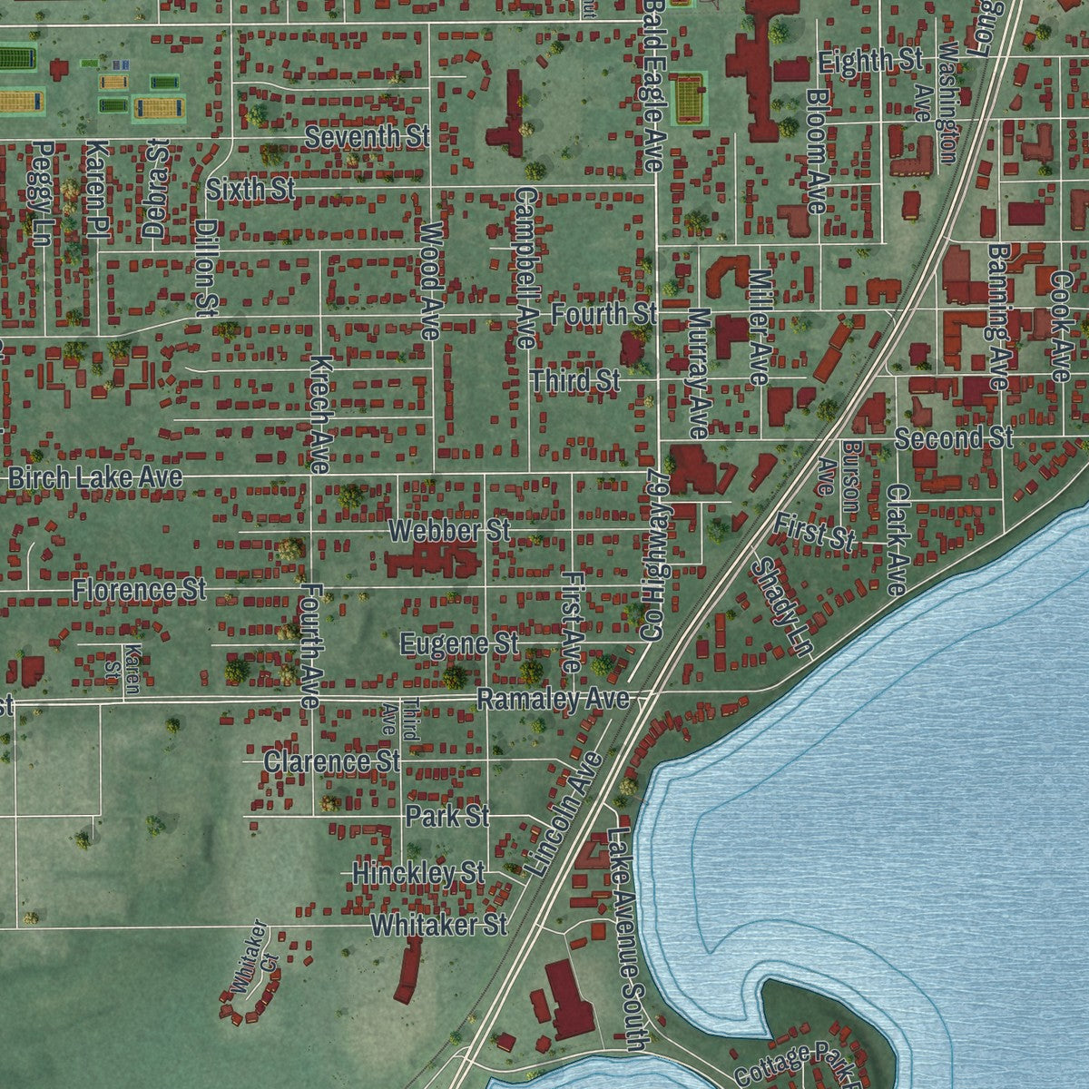 Second close-up of the map of White Bear Lake, Minnesota print showing more streets and buildings
