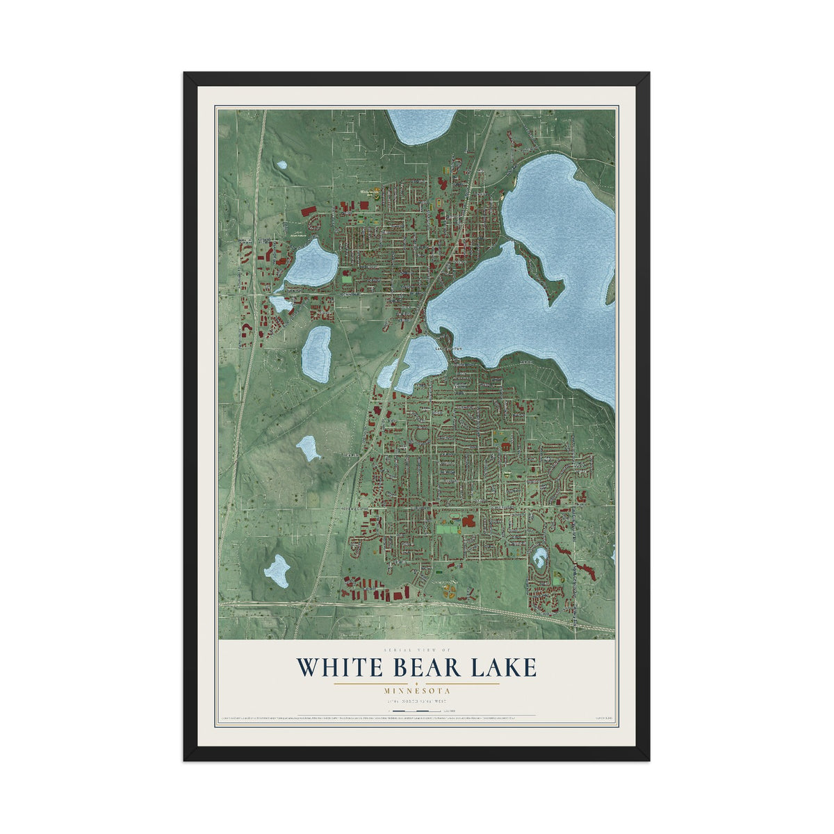 Map of White Bear Lake, Minnesota, 12 x 18 inch print in a black wood frame