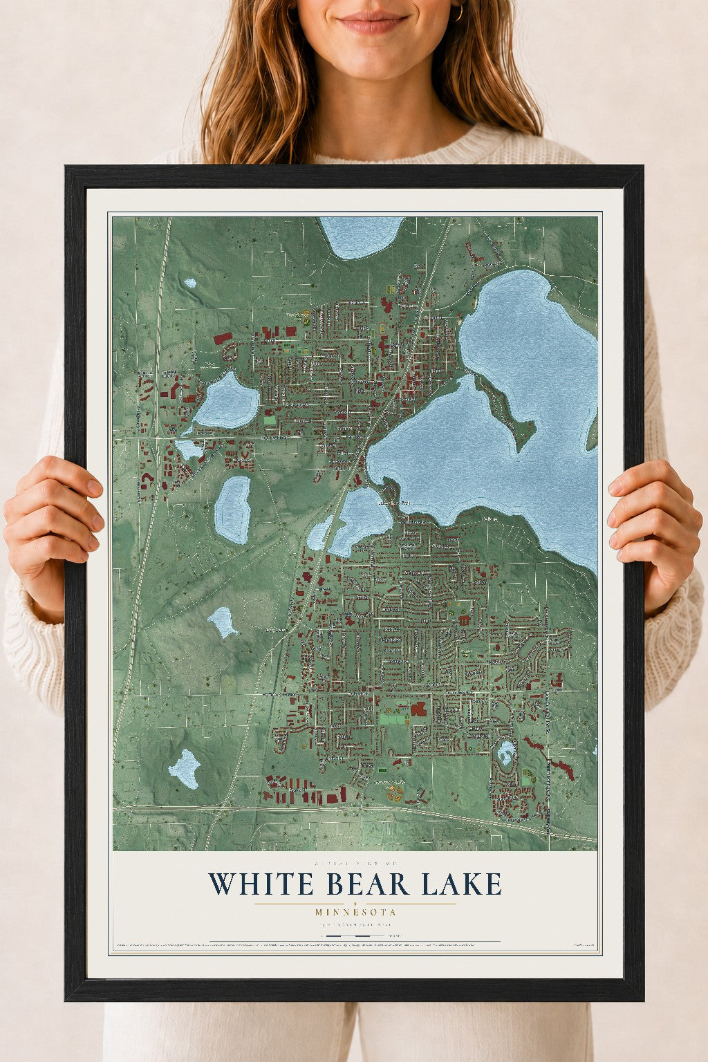 Map of White Bear Lake, Minnesota, 18 x 24 inch print in a black wood frame