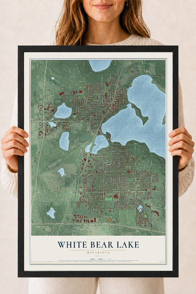 Map of White Bear Lake, Minnesota, 18 x 24 inch print in a black wood frame