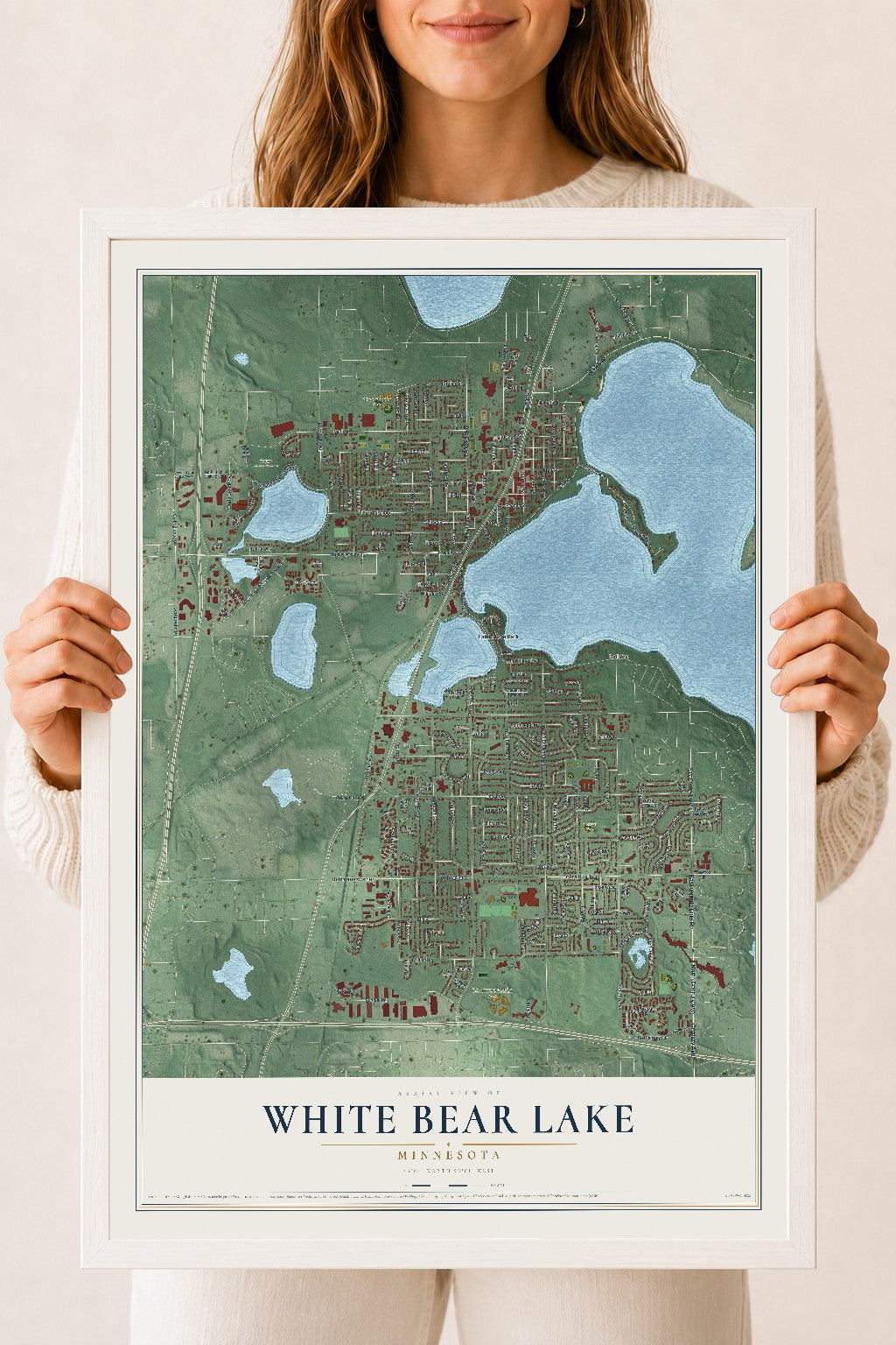 Map of White Bear Lake, Minnesota, 18 x 24 inch print in a white wood frame