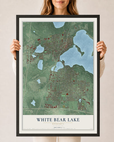 Map of White Bear Lake, Minnesota, 24 x 36 inch print in a black wood frame