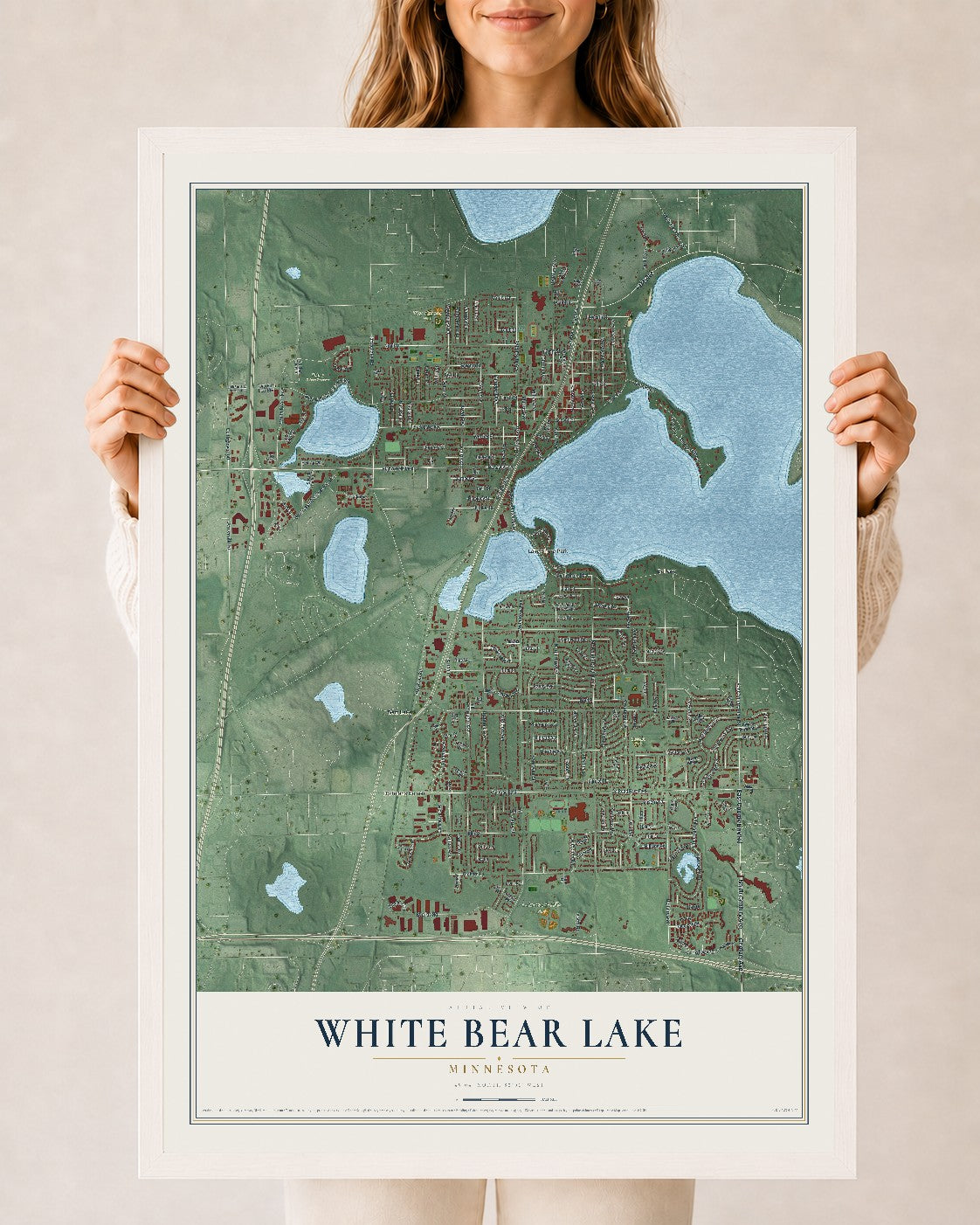 Map of White Bear Lake, Minnesota, 24 x 36 inch print in a white wood frame