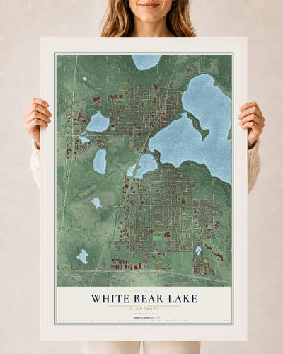 Map of White Bear Lake, Minnesota, 24 x 36 inch print in a white wood frame