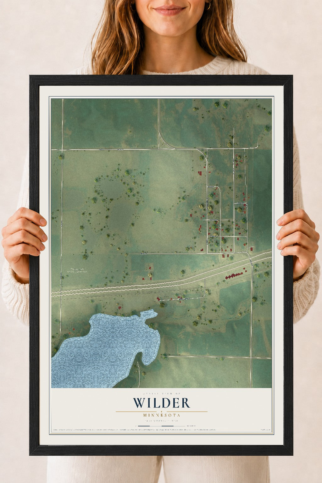 Map of Wilder, Minnesota, 18 x 24 inch print in a black wood frame