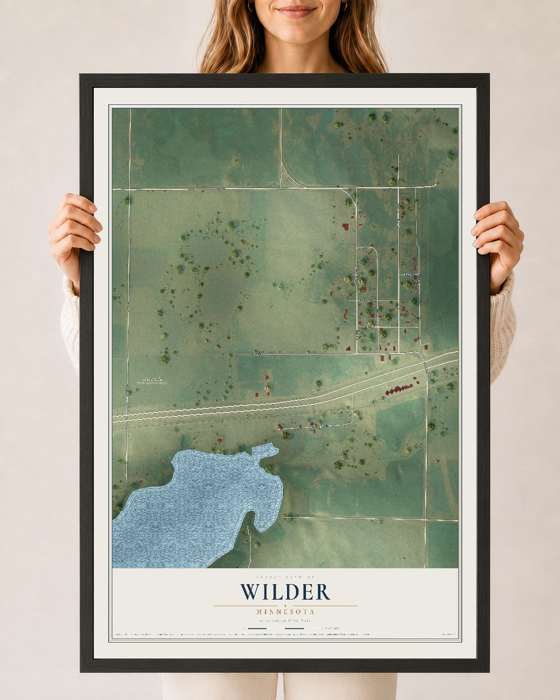 Map of Wilder, Minnesota, 24 x 36 inch print in a black wood frame