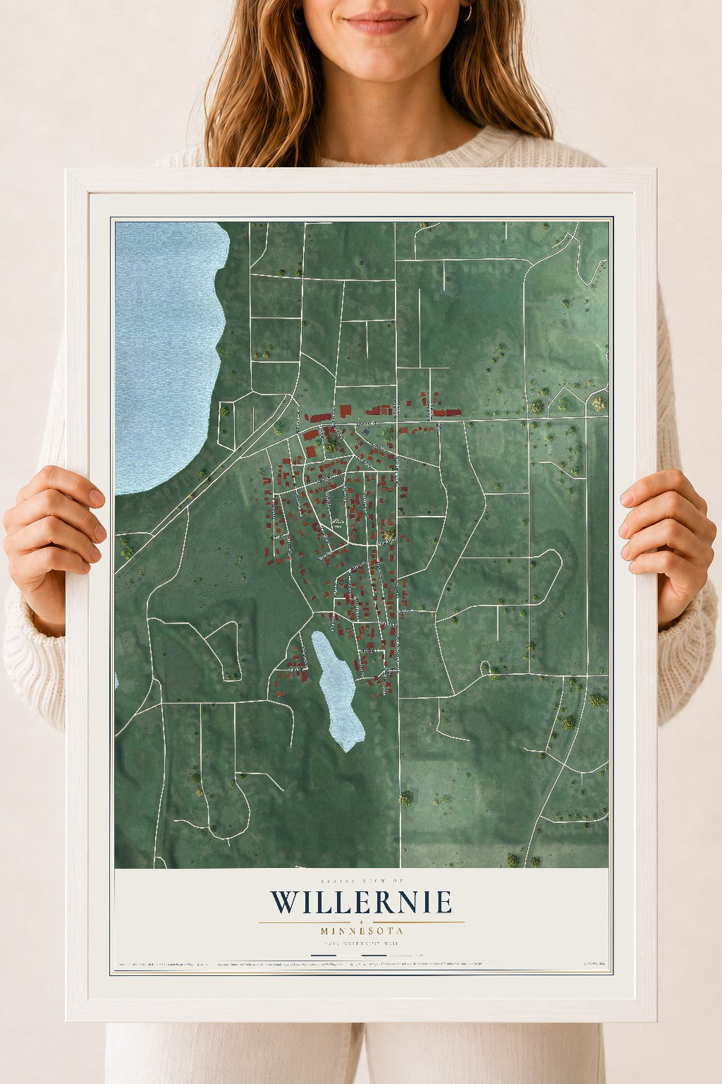 Map of Willernie, Minnesota, 18 x 24 inch print in a white wood frame
