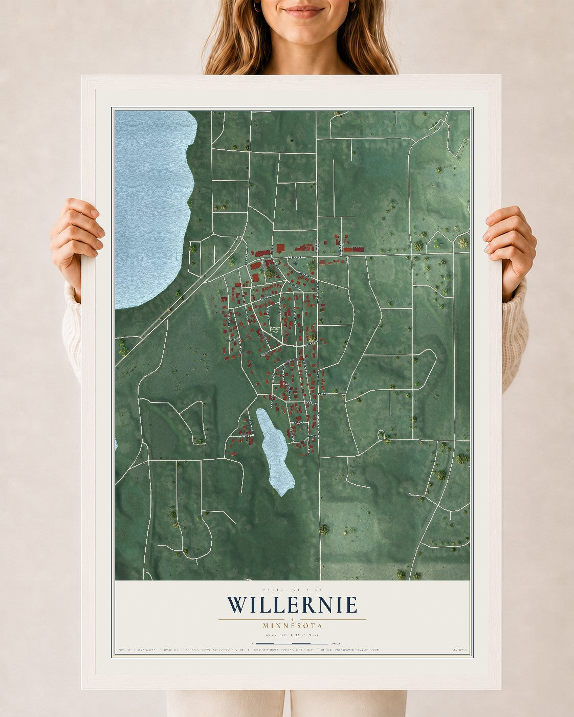 Map of Willernie, Minnesota, 24 x 36 inch print in a white wood frame