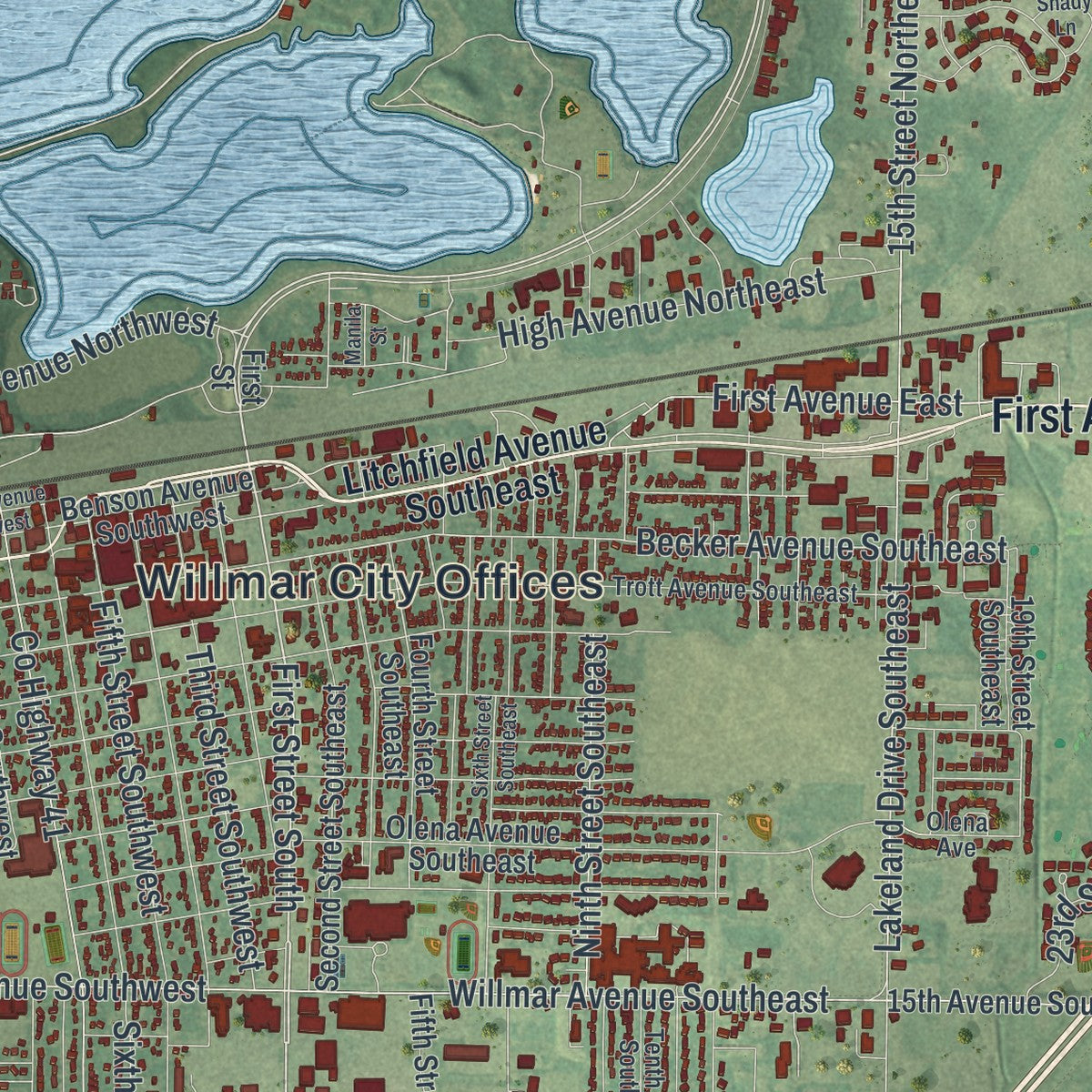 Close-up of the map of Willmar, Minnesota print showing street and building detail