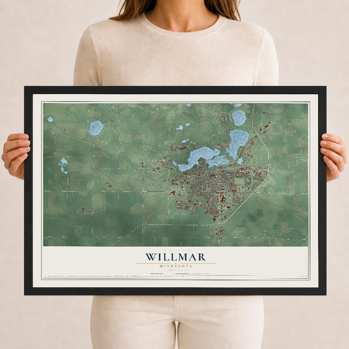 Map of Willmar, Minnesota, 12 x 18 inch print in a black wood frame