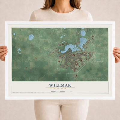 Map of Willmar, Minnesota, 18 x 24 inch print in a white wood frame
