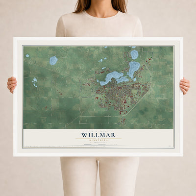 Map of Willmar, Minnesota, 24 x 36 inch print in a white wood frame