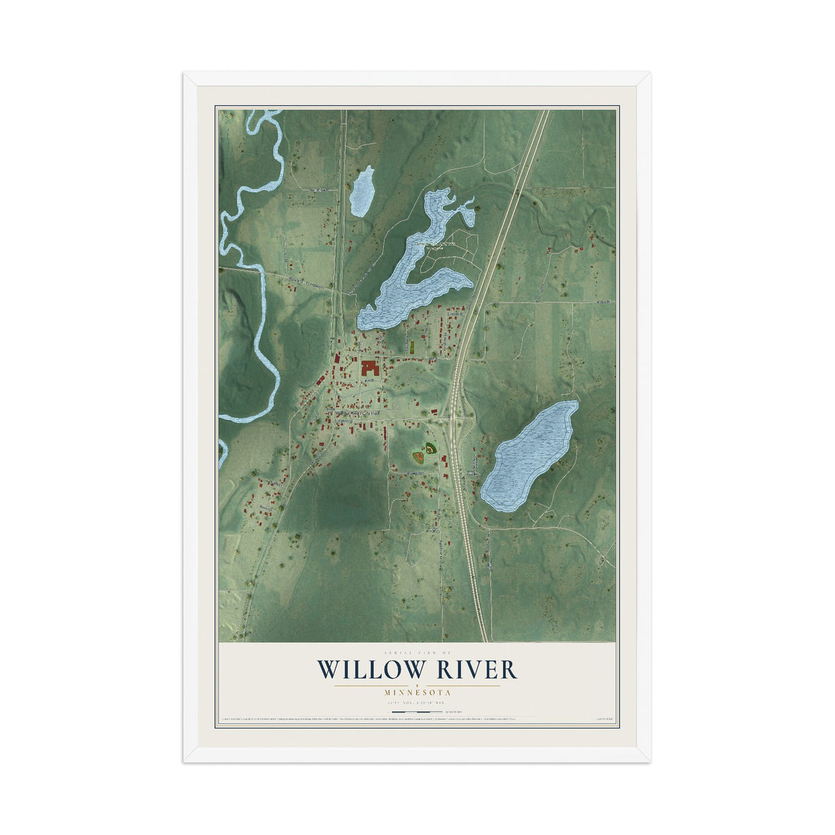 Map of Willow River, Minnesota, 12 x 18 inch print in a white wood frame