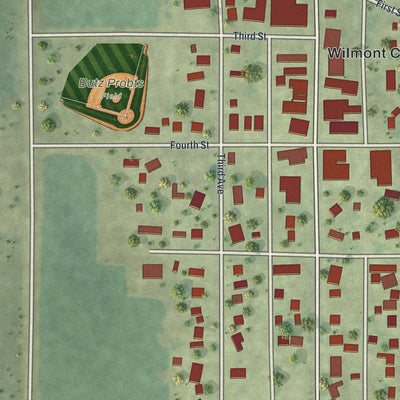 Close-up of the map of Wilmont, Minnesota print showing street and building detail