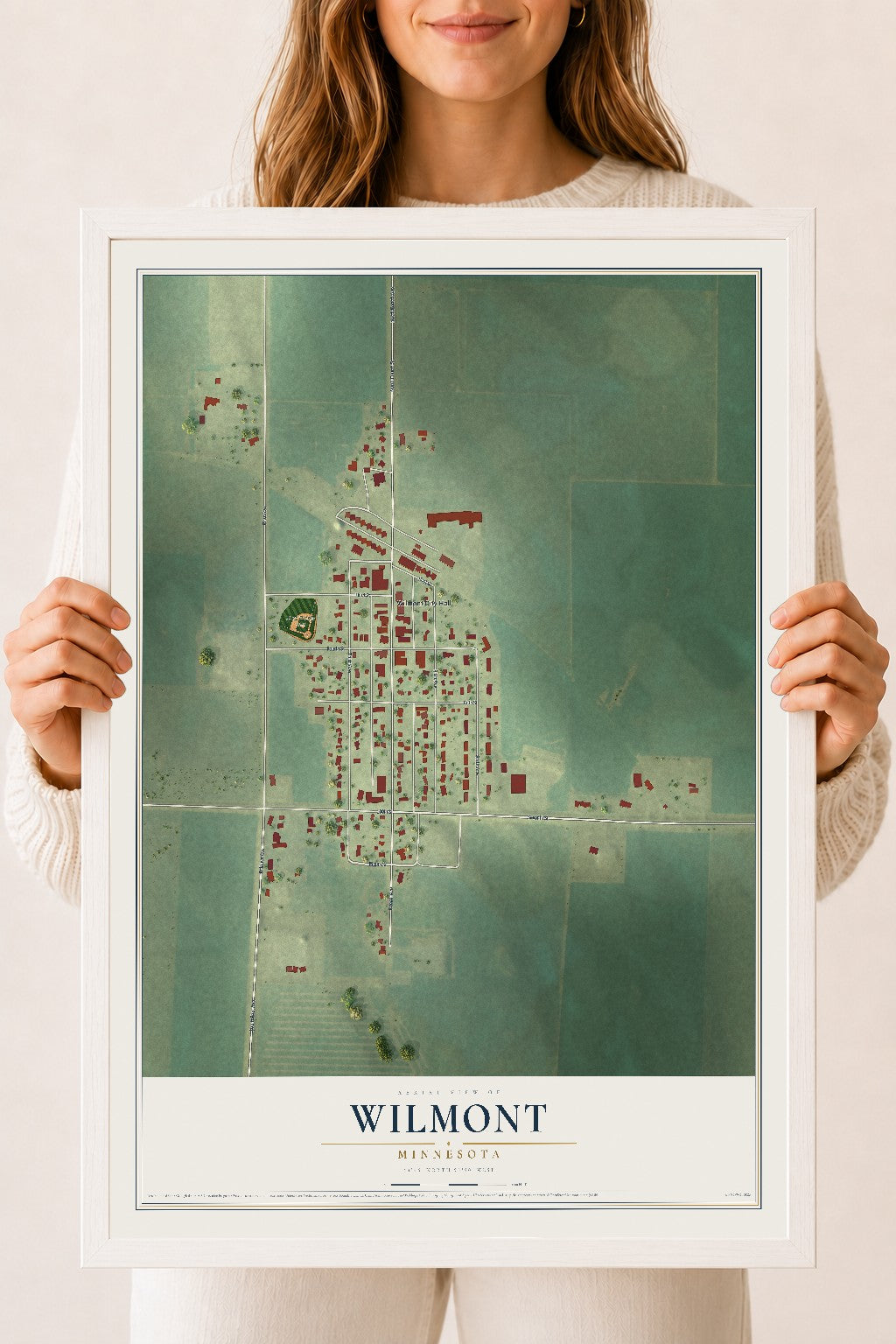 Map of Wilmont, Minnesota, 18 x 24 inch print in a white wood frame