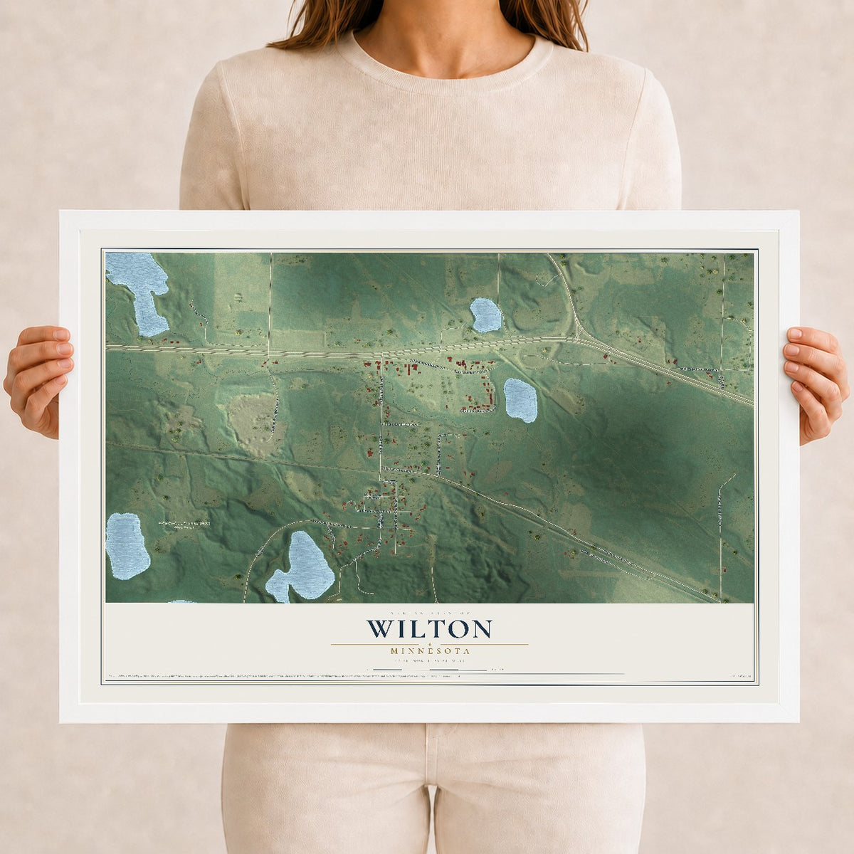 Map of Wilton, Minnesota, 12 x 18 inch print in a white wood frame