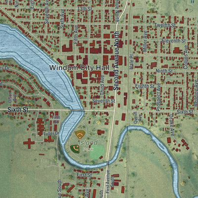 Close-up of the map of Windom, Minnesota print showing street and building detail