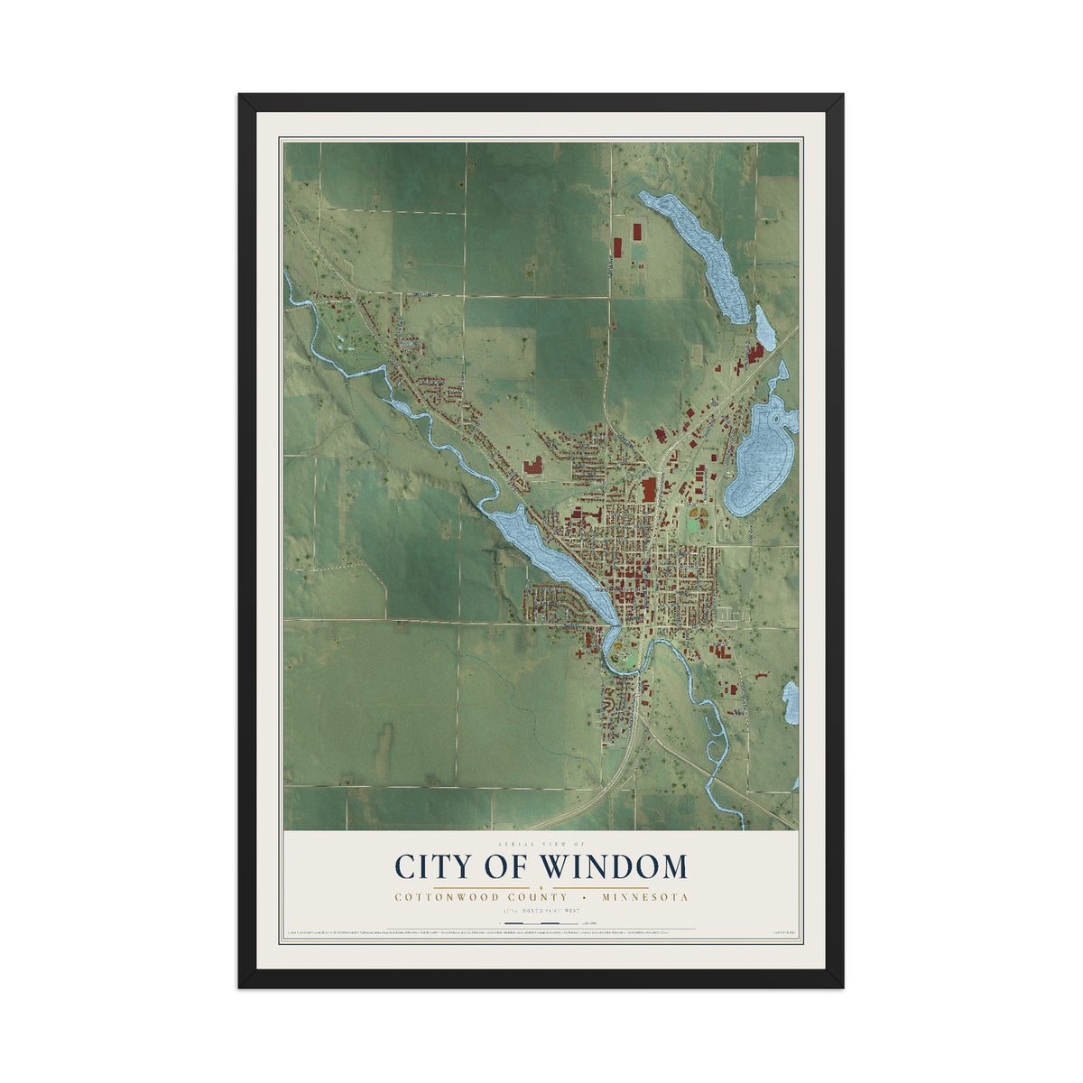 Map of Windom, Minnesota, 12 x 18 inch print in a black wood frame