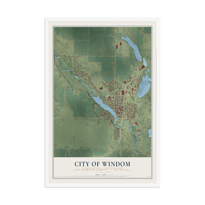 Map of Windom, Minnesota, 12 x 18 inch print in a white wood frame
