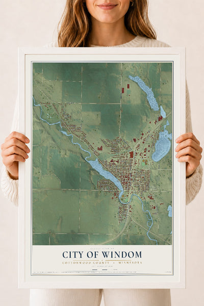 Map of Windom, Minnesota, 18 x 24 inch print in a white wood frame