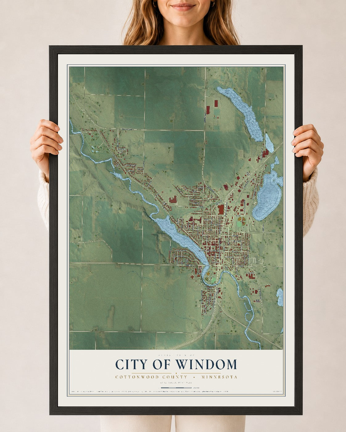 Map of Windom, Minnesota, 24 x 36 inch print in a black wood frame