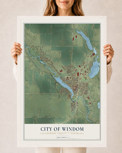 Map of Windom, Minnesota, 24 x 36 inch print in a white wood frame