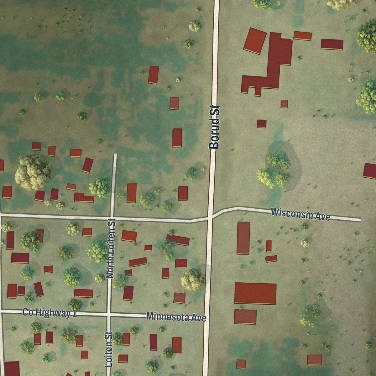 Second close-up of the map of Winger, Minnesota print showing more streets and buildings