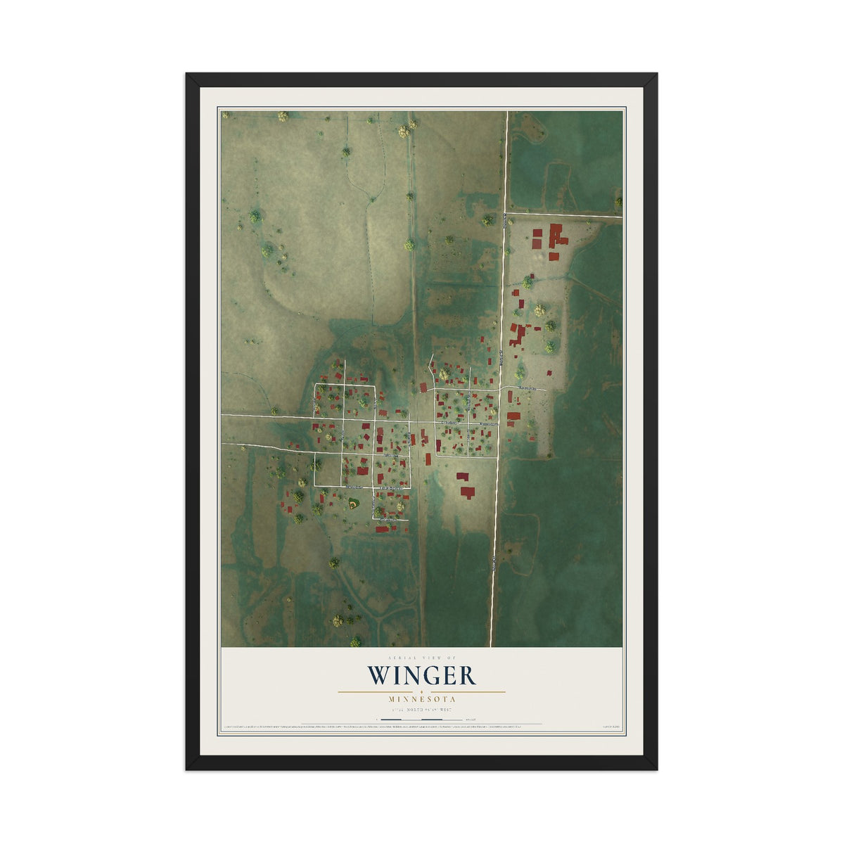 Map of Winger, Minnesota, 12 x 18 inch print in a black wood frame