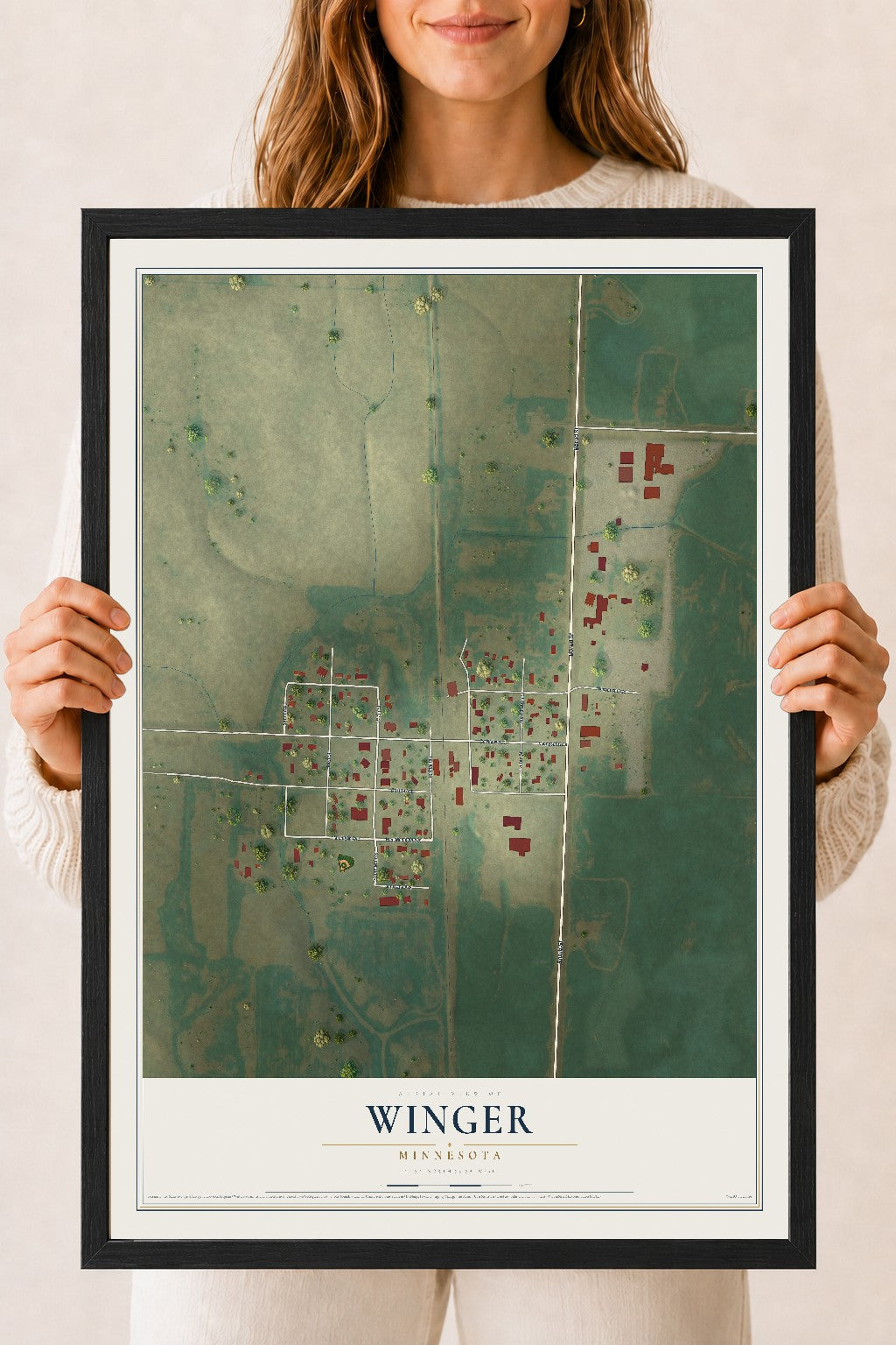 Map of Winger, Minnesota, 18 x 24 inch print in a black wood frame