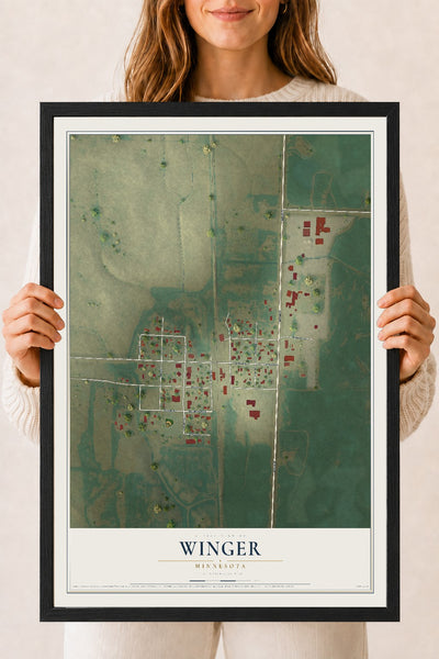 Map of Winger, Minnesota, 18 x 24 inch print in a black wood frame
