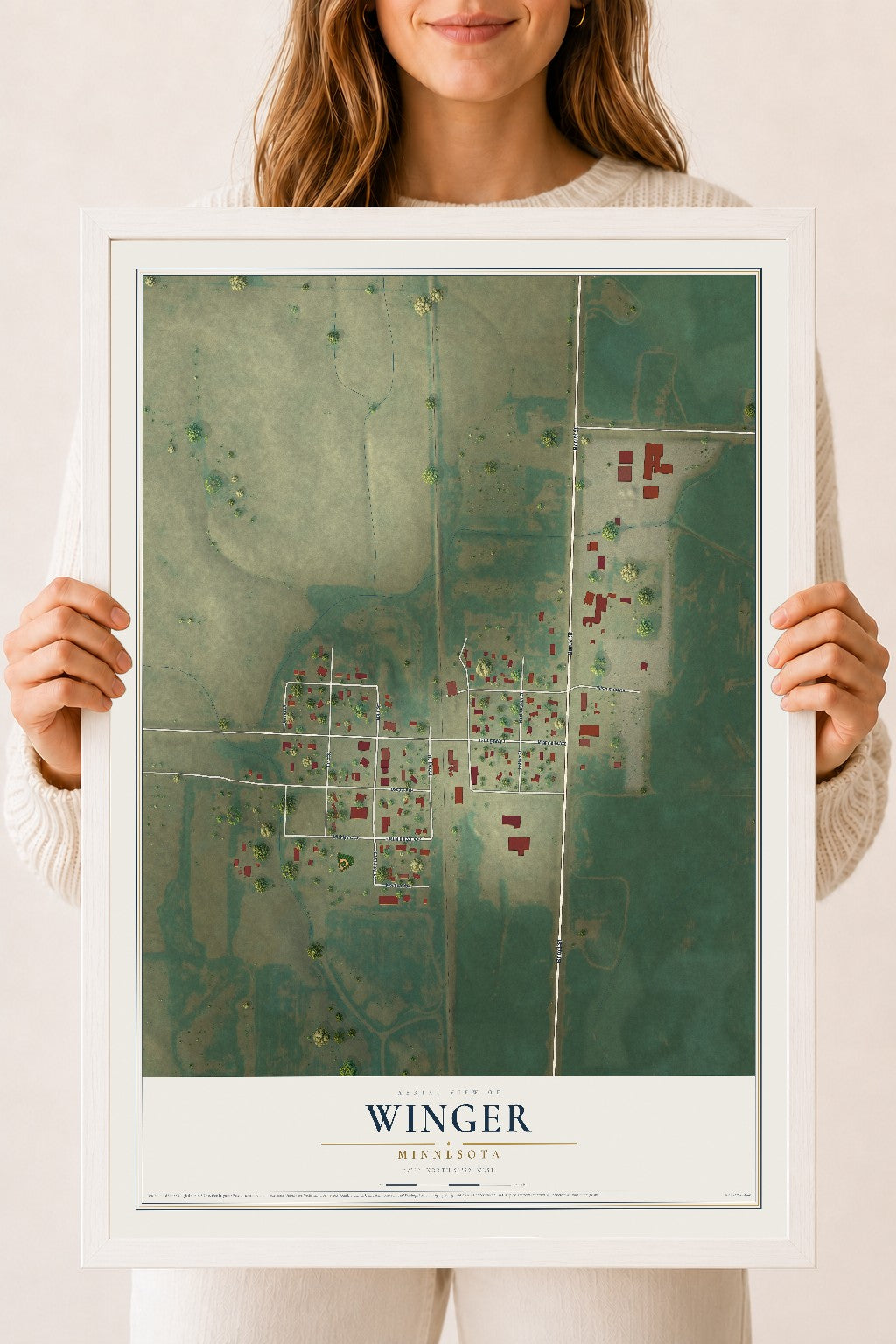 Map of Winger, Minnesota, 18 x 24 inch print in a white wood frame