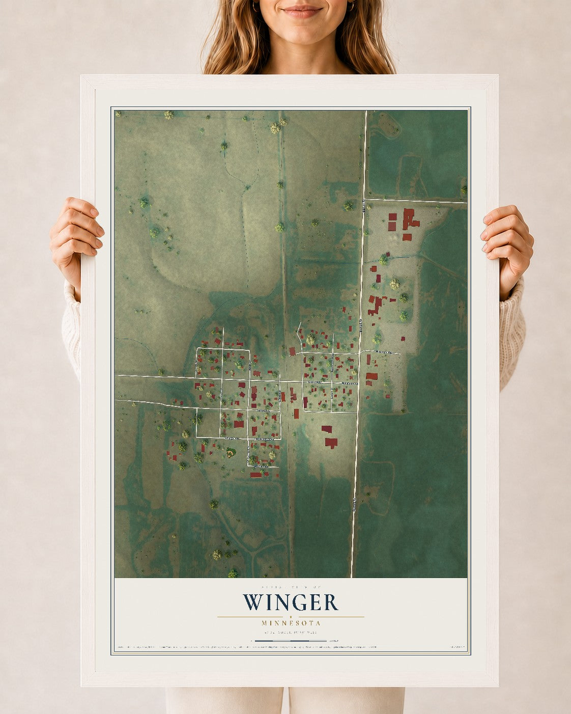 Map of Winger, Minnesota, 24 x 36 inch print in a white wood frame