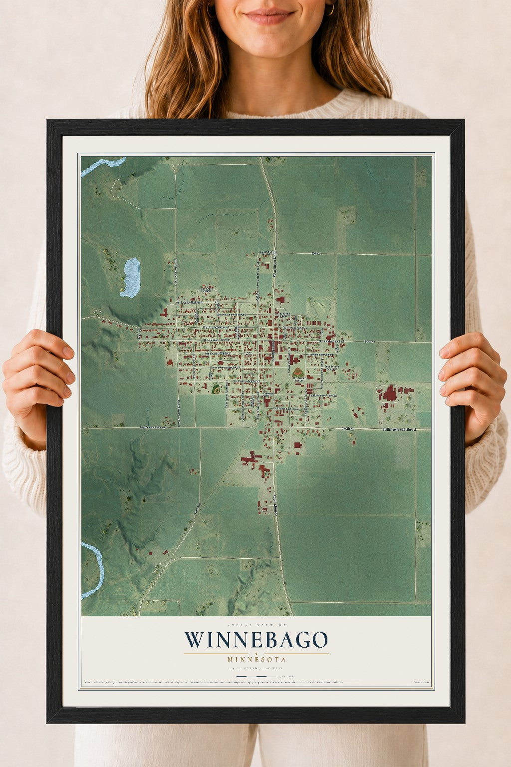 Map of Winnebago, Minnesota, 18 x 24 inch print in a black wood frame