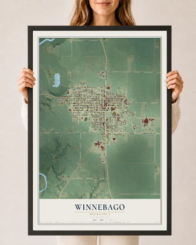 Map of Winnebago, Minnesota, 24 x 36 inch print in a black wood frame
