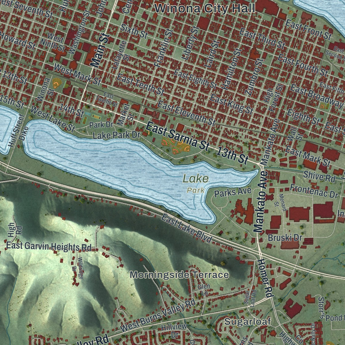 Close-up of the map of Winona, Minnesota print showing street and building detail