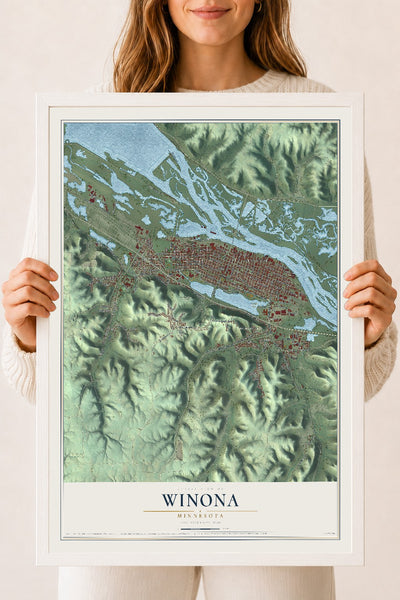 Map of Winona, Minnesota, 18 x 24 inch print in a white wood frame