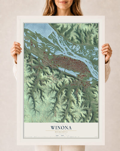 Map of Winona, Minnesota, 24 x 36 inch print in a white wood frame
