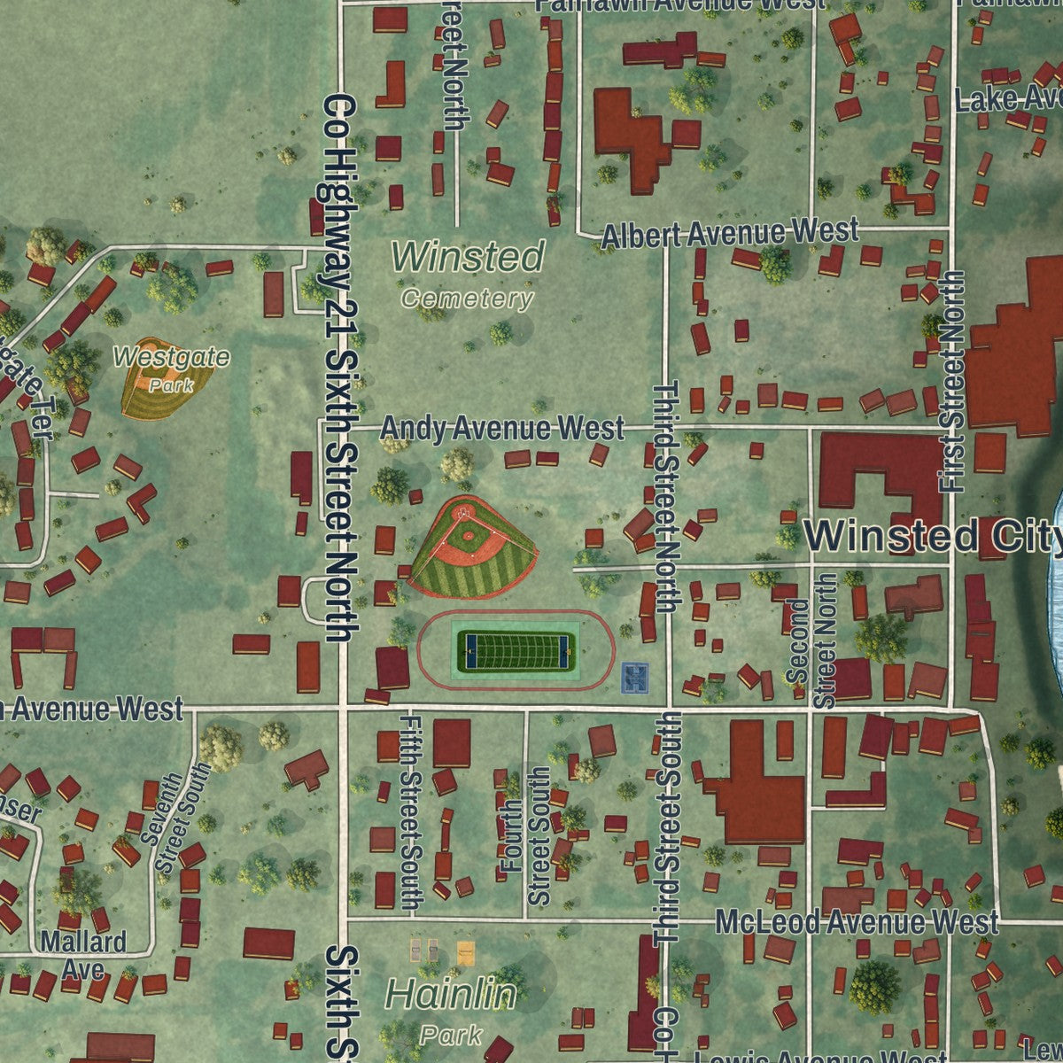 Close-up of the map of Winsted, Minnesota print showing street and building detail