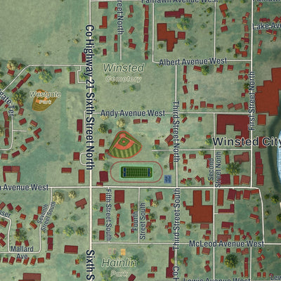 Close-up of the map of Winsted, Minnesota print showing street and building detail