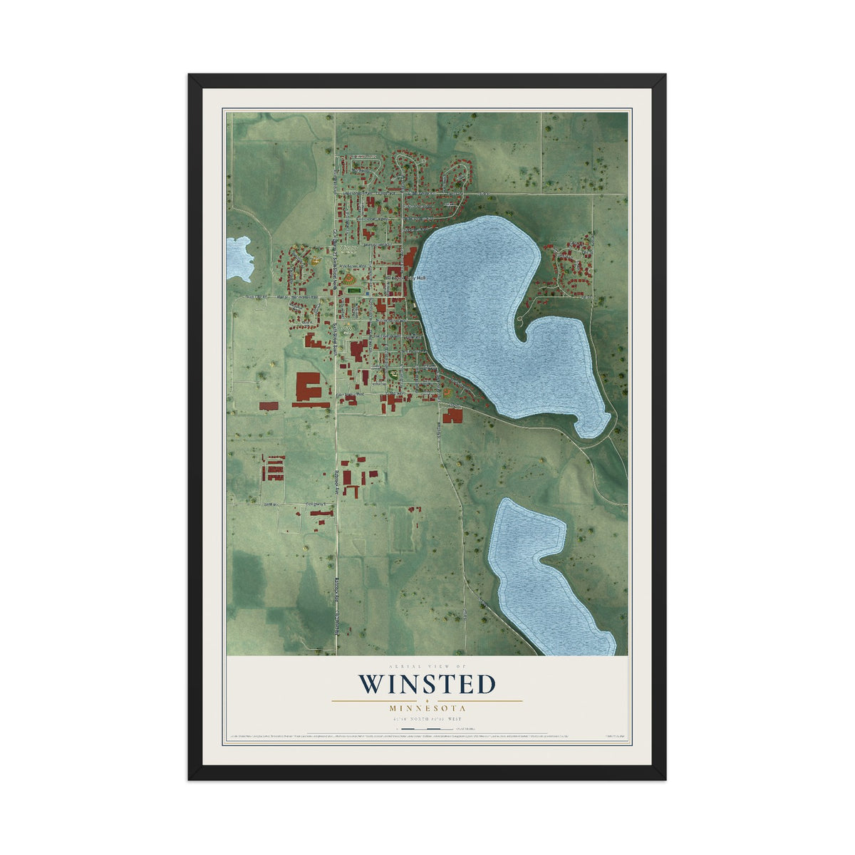 Map of Winsted, Minnesota, 12 x 18 inch print in a black wood frame